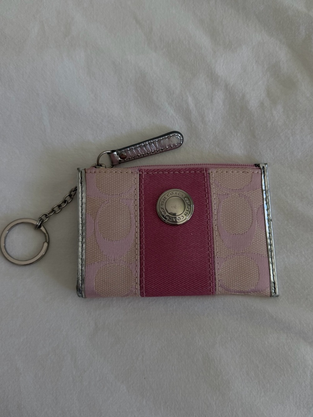 Coach Pink Signature Stripe Coin Holder with Silver Trim